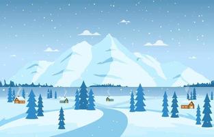 Cozy Winter Scene with Trees, Cottages, and Hills vector