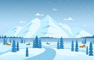 Cozy Winter Scene with Trees, Cottages, and Hills vector