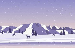 Snowy Winter Landscape with Trees, Mountains, and Deer vector