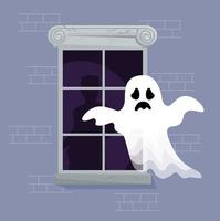 Happy Halloween banner with ghost on the window vector