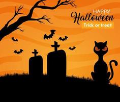 Banner de feliz halloween con gato negro y murciélagos volando en el cementerio vector