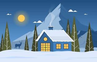 Cozy Winter Scene with Cottages, Mountains, and Deer vector