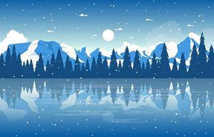 Snowy Winter Landscape with Trees, Frozen Lake, and Mountains vector