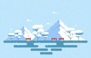 Escena del parque de invierno cubierto de nieve con montañas, bancos y árboles vector