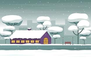 Cozy Snowy Winter City Scene with Trees and Home vector