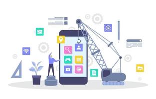 Programmer with Crane Building Mobile App on Smartphone Flat Illustration vector