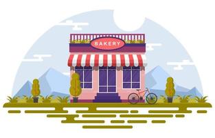 elegante panadería con árboles y bicicleta vector