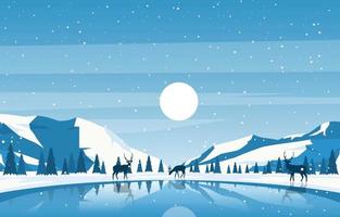 Snowy Winter Landscape with Trees, Mountains, and Deer vector