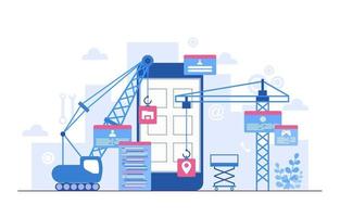 Cranes Building Mobile App on Smartphone Flat Illustration vector