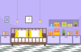 acogedor interior de dormitorio con cama doble y estantes vector