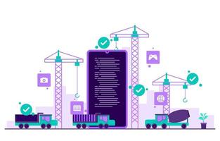 grúas y camiones que construyen aplicaciones móviles en la ilustración plana de teléfonos inteligentes vector