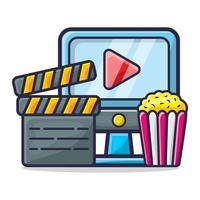 computer , clapper board and popcorn for watching movie concept illustration vector