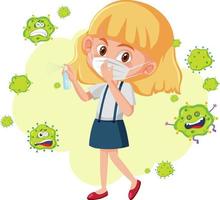 A girl wearing mask with virus fly around isolated vector