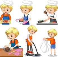 Set of a boy doing different houseworks vector