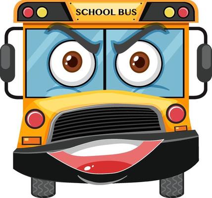 School bus cartoon character with angry face expression on white background