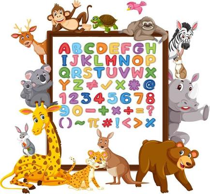 Alphabet A-Z and math symbols on a board with wild animals