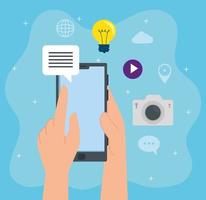 social media icons, with hands using smartphone vector