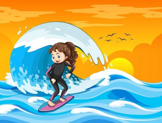 Big wave in the ocean scene with girl standing on a surf board