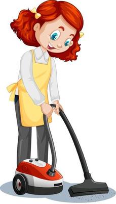 Maid cartoon character wearing uniform using vacuum cleaner