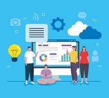social media, group of people with computer and infographics report vector