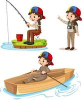 Cartoon character of a girl in camping outfits doing different activities vector