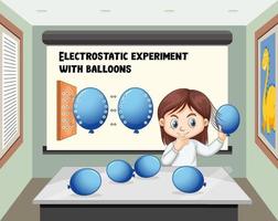 A girl doing electrostatic experiment with balloons in the room vector