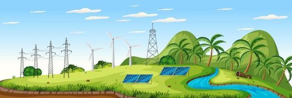 Landscape with wind turbines and solar cells scene vector