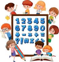 Number 0 to 9 and math symbols on banner with many kids doing different activities vector