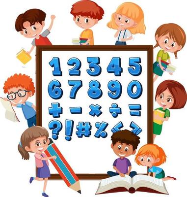 Number 0 to 9 and math symbols on banner with many kids doing different activities