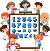 Number 0 to 9 and math symbols on banner with many kids doing different activities vector