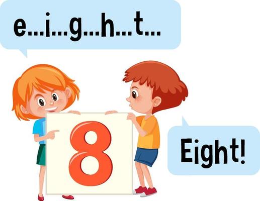 Cartoon character of two kids spelling the number eight