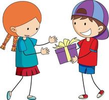 Boy giving a gift to a cute girl cartoon character in hand drawn doodle style isolated vector