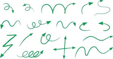 Different types of green hand drawn curved arrows on white background vector