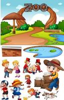 Zoo scene with isolated cartoon character and objects vector