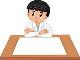 un niño con bata de científico con papel vacío sobre la mesa vector