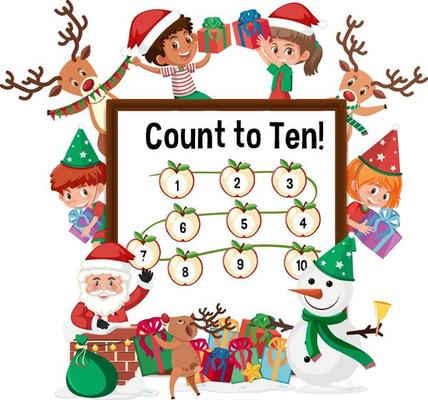 Count to ten number board with many kids in christmas theme