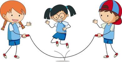 Kids playing jumping rope doodle cartoon character isolated vector