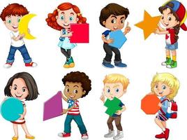 Set of different children holding different shapes vector