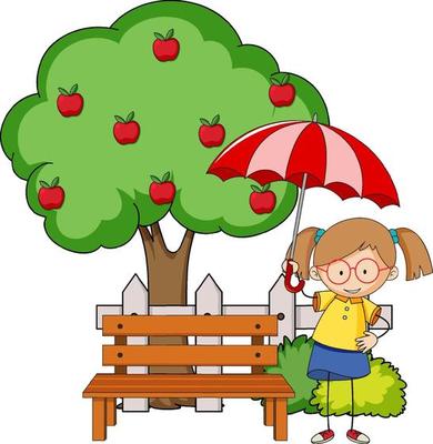 Doodle cartoon character a girl holding an umbrella with apple tree