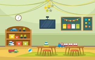 Colorful Kindergarten or Elementary School Classroom with Desks and Toys Illustration vector