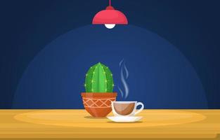 A Cup of Hot Tea and a Cactus on a Table Under a Lamp vector