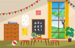 Colorido aula de jardín de infantes o escuela primaria con pupitres y juguetes ilustración vector