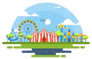 circo y parque de atracciones con ilustración de noria vector