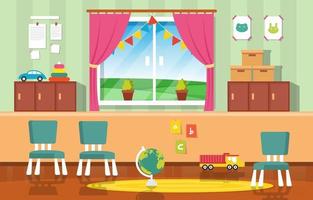 Colorido aula de jardín de infantes o escuela primaria con pupitres y juguetes ilustración