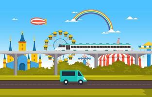 circo y parque de atracciones con ilustración de tren y calzada vector