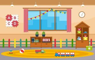 Colorido aula de jardín de infantes o escuela primaria con pupitres y juguetes ilustración