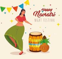 Happy Navratri celebration poster with woman dancing vector