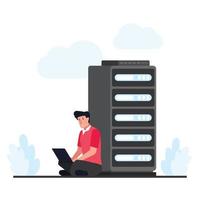 Man sits and fixes the cloud hosting in server vector
