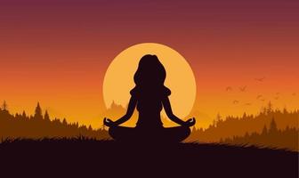 Silhouette flat cartoon style woman meditation or yoga in nature. Concept vector illustration healthy lifestyle.