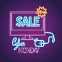 cyber monday neon with computer and mouse vector design